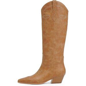 Women's Brown Square Toe Western Cowboy Boots Knee High Chunky Heel Pull On